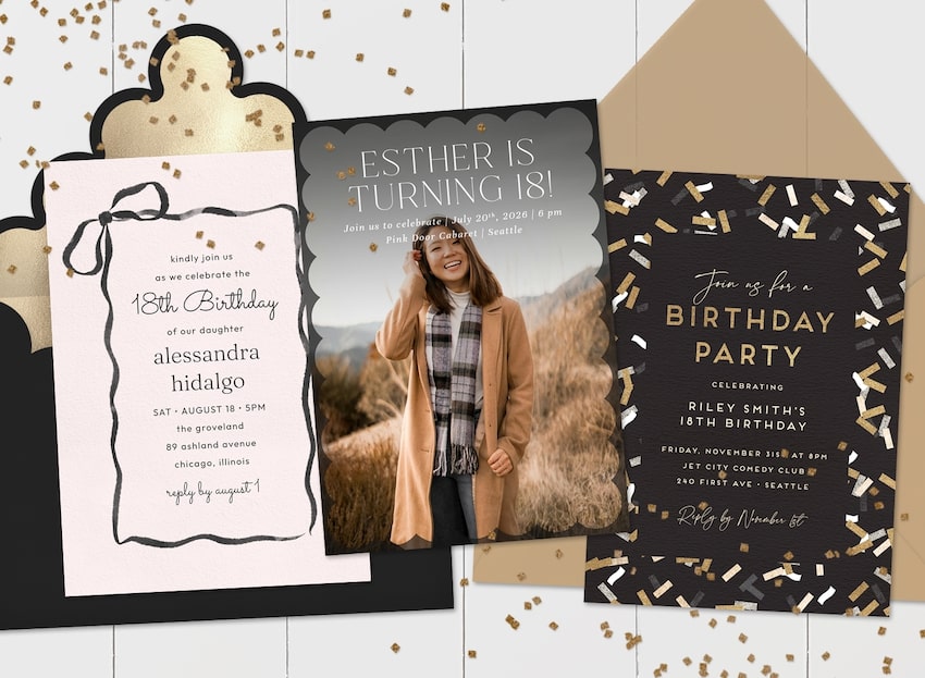 18th birthday party themes: 3 birthday party invitations and confetti in the background