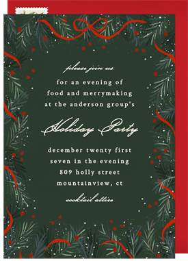 'Beribboned Evergreen Border' Business Holiday Party Invitation